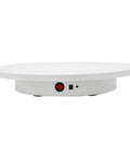360 Degree Motorized Rotating Display Stand With Remote Control Electric Turntable For Product Photography Live Shows 16.5 Inch white base view showing power controls.
