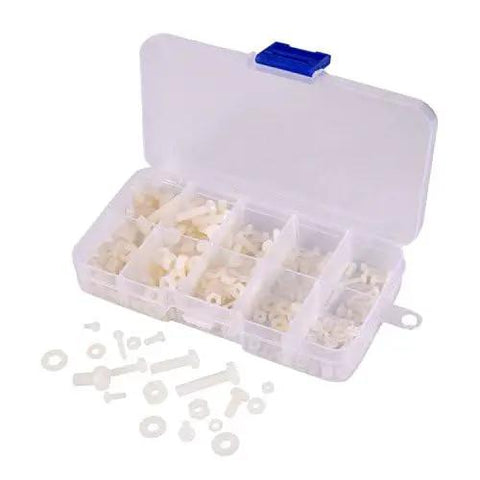 Nylon Screw Nut Washer Assortment Kit M2 To M5 With 270 Pieces In Clear Plastic Box open with contents displayed