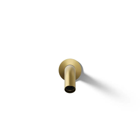 Front view of Components Wall-Mount Bath Spout in Vibrant Brushed Moderne Brass, premium metal construction, corrosion-resistant finish