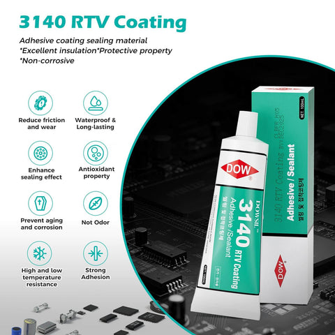 Clear One Part RTV Coating And Adhesive Sealant For Electronics 100ml Tube displayed with box on electronic circuit board