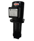 Front view of a black immersion coolant pump with mesh filter housing for machine tool cooling.