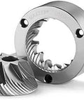 OEM 186C 71mm conical burrs for Robur and Kold grinders, steel replacement parts, showing precise grooves and steel construction.