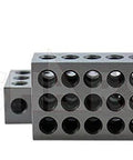 Front view of two SHARS 1-2-3 precision blocks in gray hardened steel with drilled through holes
