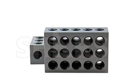 Front view of two SHARS 1-2-3 precision blocks in gray hardened steel with drilled through holes