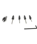 Rugged Five Piece Countersink Bit Set With Depth Adjustable Heads And Quick Swap Hex Shank For Swift Chip Clearing Carpentry Tools Plus Knockout Plug Cutter Kit, showing drill bits and allen wrench.