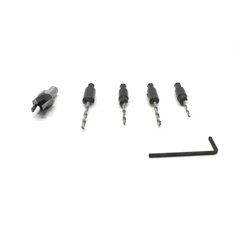Rugged Five Piece Countersink Bit Set With Depth Adjustable Heads And Quick Swap Hex Shank For Swift Chip Clearing Carpentry Tools Plus Knockout Plug Cutter Kit, showing drill bits and allen wrench.
