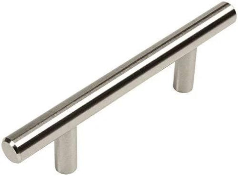 25 Pack Satin Nickel Cabinet Bar Pull Handles, Euro Style 3 Inch Hole Centers, 5 3/8 Inch Overall Length, 1/2 Inch Bar Diameter, 1 3/8 Inch Projection, Includes 1 Inch Mounting Screws, Individually Polybagged.