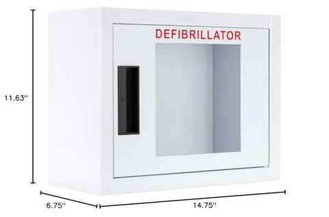 AED cabinet, white and compact, nonalarmed; front view with red DEFIBRILLATOR label and window; 11.63 in H x 14.75 in L x 6.75 in D