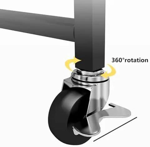 Close-up of 360 degree rotating wheel of Heavy Duty Metal Rolling Storage Cart With Smooth Rolling Wheels For Kitchen Bathroom Laundry And Office Folding Utility Shelf.