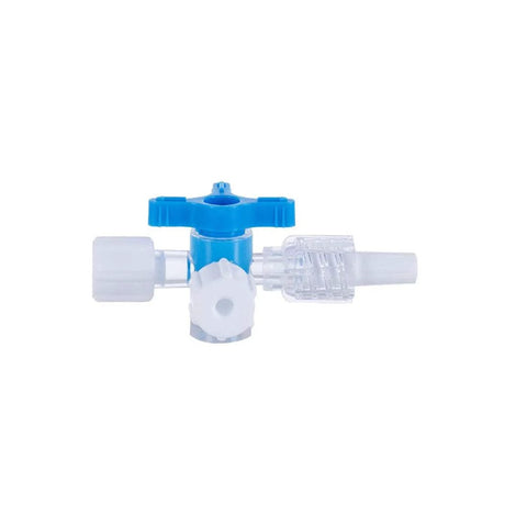 3-way stopcock valve with Luer connections, blue handle, disposable medical-grade plastic.