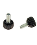20 Piece M5 Thumb Screws Grip Knobs For Machinery And Equipment With Storage Case Round Knurled Plastic Head Built To Last Durable Metal And Thermoset Plastic M5 X 12 Handy Grip For Quick Tightening Great For Furniture Racks Tools And More, two screws with black plastic heads.