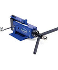 4 Inch Metal Bender with Two and a Half Ton Pressing Power for Mild Steel and Aluminum, bench-top, blue tool in side view