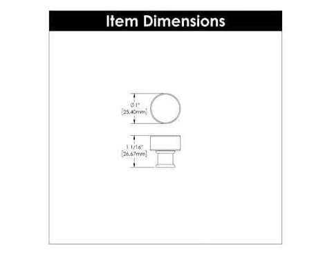 Dimensions diagram for Solid Core Kitchen Cabinet Knobs In Crysacrylic With Chrome Finish 1 Inch, showing front and side views.