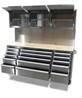 Heavy Duty Rolling 72 Inch Tool Cabinet Chest With Fifteen Deep Drawers Plus Three Lockable Upper Doors Dual Pack Mobile Workstation With Thick Steel Top For Garage Setup, featuring open upper shelves.