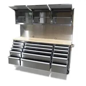 Heavy Duty Rolling 72 Inch Tool Cabinet Chest With Fifteen Deep Drawers Plus Three Lockable Upper Doors Dual Pack Mobile Workstation With Thick Steel Top For Garage Setup, featuring open upper shelves.