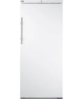 Rock Solid Commercial Freezer 31 Inch Reach In Upright Design With Solid Door, Four Adjustable Shelves, 18 Cubic Feet Manual Defrost, NSF Certified White Unit front view.