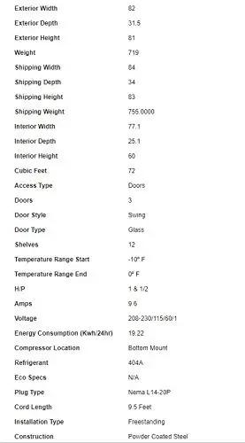 Specifications of White Three Door Upright Freezer With Clear Glass Panels And Straight Up Solid Cooling That Keeps Your Groceries Perfectly Frozen Works Like A Charm In Homes Or Retail Stores.