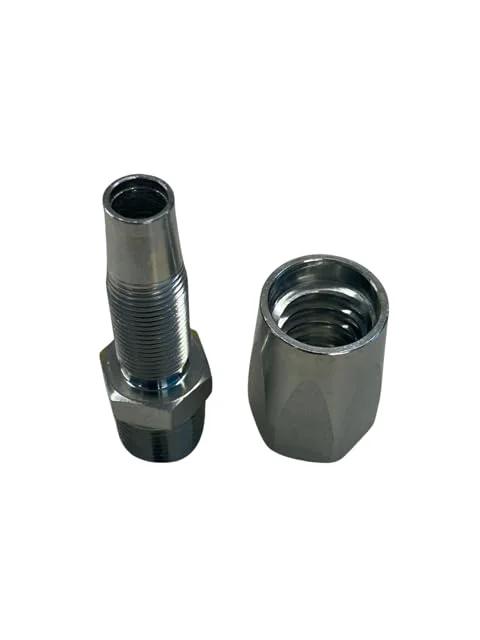 Front view of two-piece steel reusable hydraulic fittings for 1/2 in hose and 1/2 in male NPT