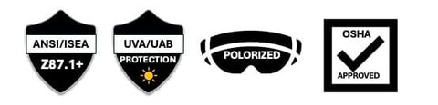 ANSI Z87.1+ and UV protection badges, polarized sunglasses icon, OSHA approved symbol for Go-To Safety Sunglasses With Polarized Mirror Lenses ANSI Z87 Plus Certified UV 400 Protection Black Frame Removable Side Shields Unisex Outdoor Sports Surf Construction Work PPE Includes Nylon Pouch