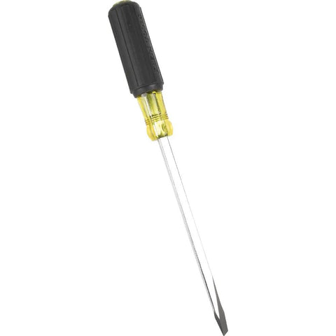 Pro Grade Heavy Duty Flathead Screwdriver With Three Eighths Inch Keystone Tip For Wrench Assisted Turning, Eight Inch Square Shank, Cushioned Grip Handle, Bolster Reinforced, Chrome Plated For Corrosion Resistance, Made In USA, Klein Tools.