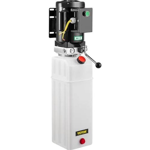 Front view of hydraulic power unit with white 6-quart plastic reservoir and black control block for car lifts.