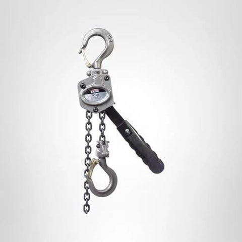 JET 1/2-ton mini-puller lever hoist with steel chain and hook, gray body, black handle front view