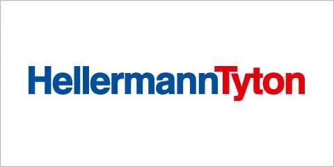 HellermannTyton brand logo with blue and red text on a white background