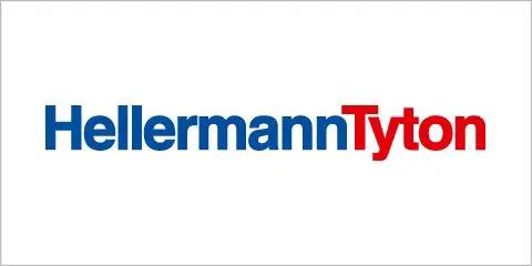 Logo of HellermannTyton, showcasing brand name in blue and red on a white background.