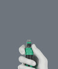Close-up of hand holding Compact 26 RA-R Ratchet Set With Pouch, 6-Piece Do-It-All Hand Tool Kit, showing fine-tooth ratchet handle.