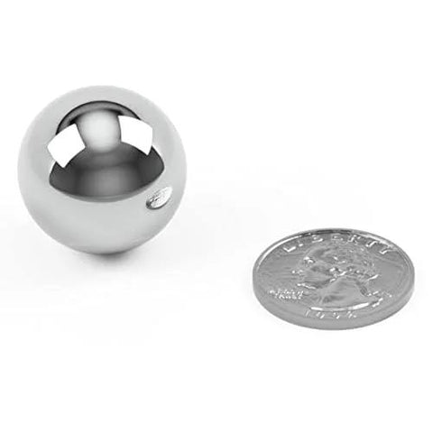 Chrome steel bearing ball, 1 inch, polished; close-up view with a US dime for scale.