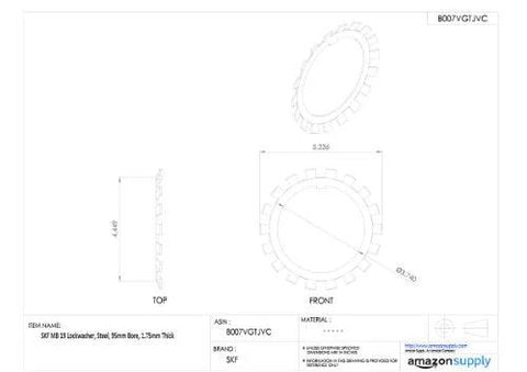 SKF W 05 lockwasher, steel, 25 mm bore, 0.050 in thick; front and top views.