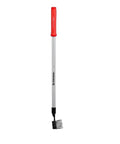 7 Tine Extended Reach Rake with Long Handle for Tight Spaces in silver, red, and black finish shown upright on white background