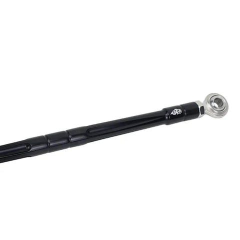 Black Adjustable Shifter Linkage Rod For Harley Davidson Softail Touring And Trike Ride Ready 11.5 To 12.5 Inch 6061 T6 Aluminum With Stainless Steel Joints And Five Sixteenths Inch Stud Compatibility, angled end view