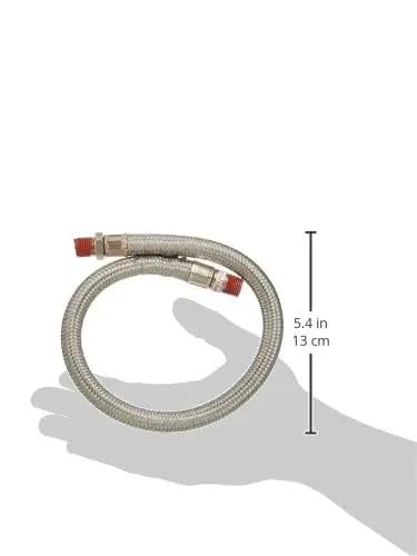 18 Inch Stainless Steel Braided Leader Hose Heavy Duty Rubber Pneumatic Air Line with swivel fittings and size reference.