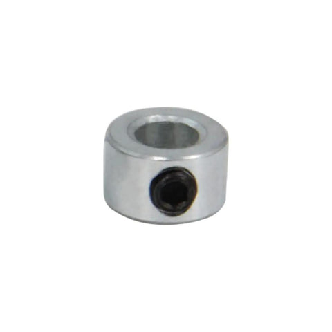 Close-up of a zinc-plated solid steel shaft collar with set screw from the Eight Piece One Quarter Inch Bore Shaft Collar Lock Set Built Tough.