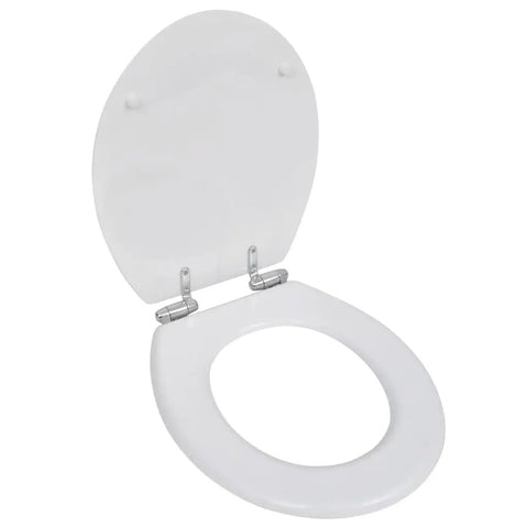 Dual Pack Soft Close Toilet Seats MDF Bathroom Hardware White Smooth Glide Lids view of open seat with heavy duty hinges.