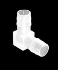 White plastic 1/2-inch hose barb 90-degree elbow L-fitting with two barbs; pack of 5
