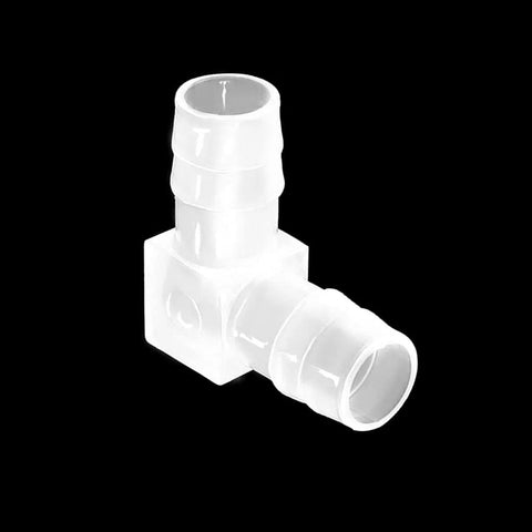 White plastic 1/2-inch hose barb 90-degree elbow L-fitting with two barbs; pack of 5