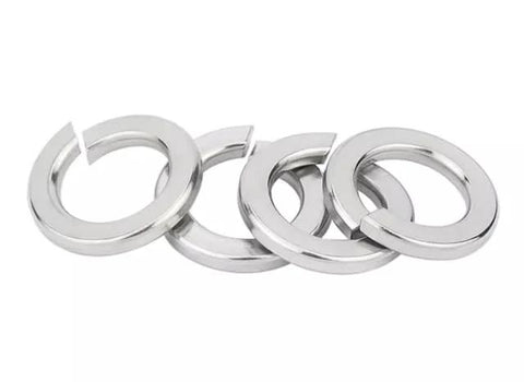 Front view of four stainless steel 3/8-inch split lock washers.