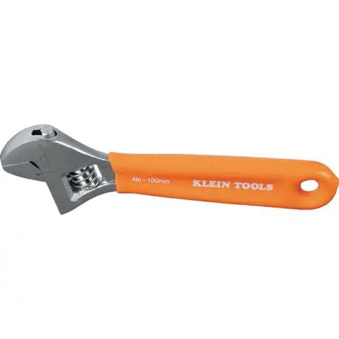 Extra Capacity Jaw 4 Inch Adjustable Wrench For Tight Spaces With Forged Heat Treated Alloy Steel SAE And Metric Scales Smooth Turning Knurl Dope Grip For Easy Single Hand Operation Plastic Dipped Handle Laser Markings Klein Tools O5064