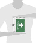 Front view: Homeopathic First Aid Kit, green box with white cross, held by hands; 4.4 by 5.6 in
