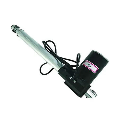 Badass 24V DC Linear Actuator With Heavy Duty Mounting Bracket And Plug N Play Controller Nine Point Eight Inch Stroke Telescopic Rod 1320 Lbs Push Force Ip54 Weatherproof Shield installed on a black base.