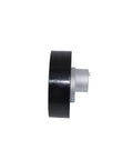 Side view of drive belt tensioner pulley for BMW models, featuring a black outer surface and silver inner attachment, part number 11281726181.