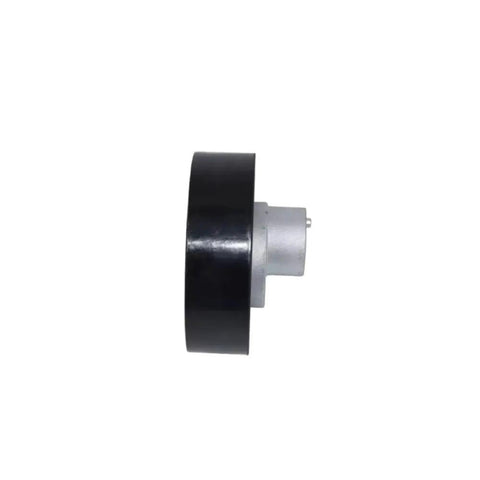 Side view of drive belt tensioner pulley for BMW models, featuring a black outer surface and silver inner attachment, part number 11281726181.
