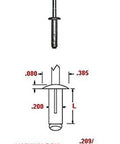 Three Sixteenth Inch Tri-Grip Aluminum Blind Rivet With Aluminum Mandrel Dome Head Grip Range From 0.040 To 0.625 Inches