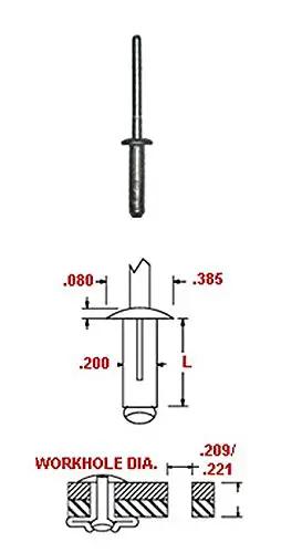 Three Sixteenth Inch Tri-Grip Aluminum Blind Rivet With Aluminum Mandrel Dome Head Grip Range From 0.040 To 0.625 Inches
