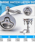 Front and side view of premium 316 marine stainless steel cam latch with back plate and flush pull for secure, corrosion resistant deck hatches on boats, yachts or RVs; includes installation screws for easy mounting.