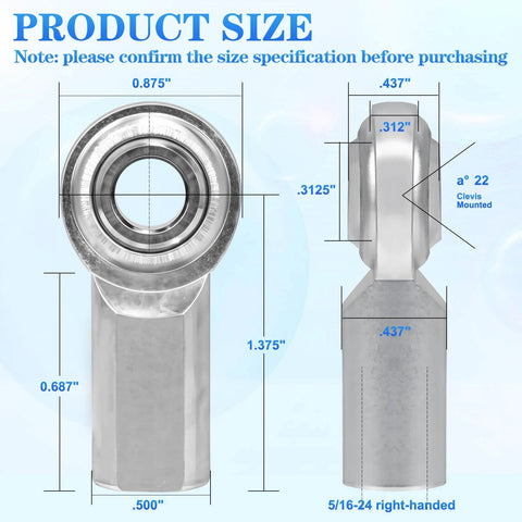 5/16 x 5/16-24 Rod End Bearing Heim Joint Kit size dimensions with right hand female thread stainless rod ends and jam nuts