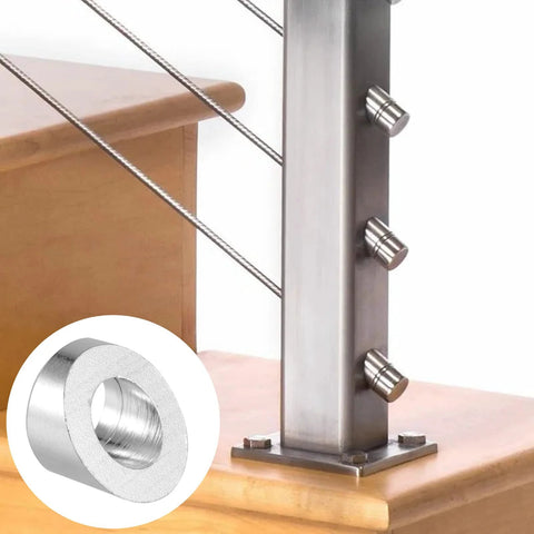 Installed cable railing with close-up of a 30 Pcs 316 Stainless Steel 30 Degree Beveled Washer for Cable Railing Kit 3/8in
