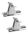 Front-angle view of two stainless steel bimini top deck hinges, 316 marine-grade with lock pins